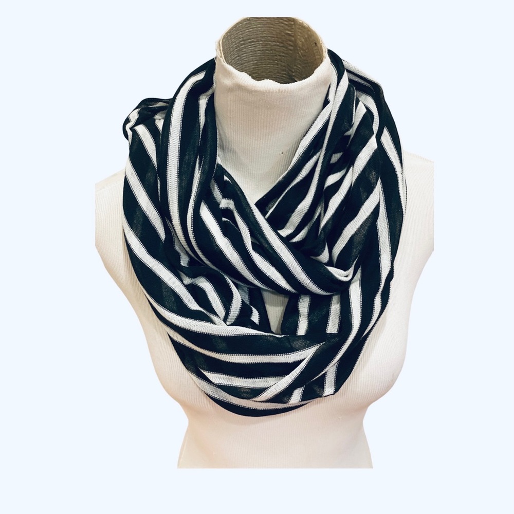 Black White Striped Knit Infinity Circle Scarf Wrap